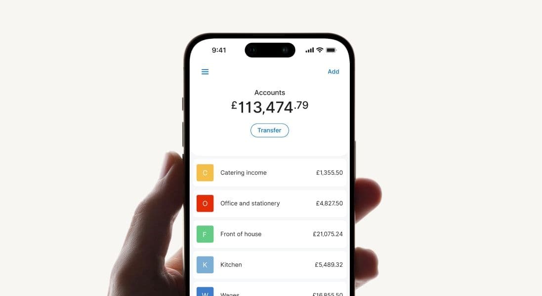 Zeller App displayed on a smartphone showing a business account balance, sub-accounts, and transaction categories for managing income and expenses.