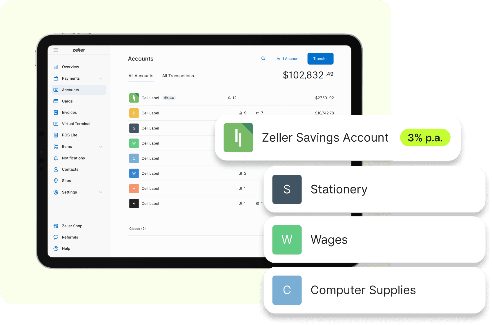 Zeller - Savings Account Interest 3%, Tablet, Green card