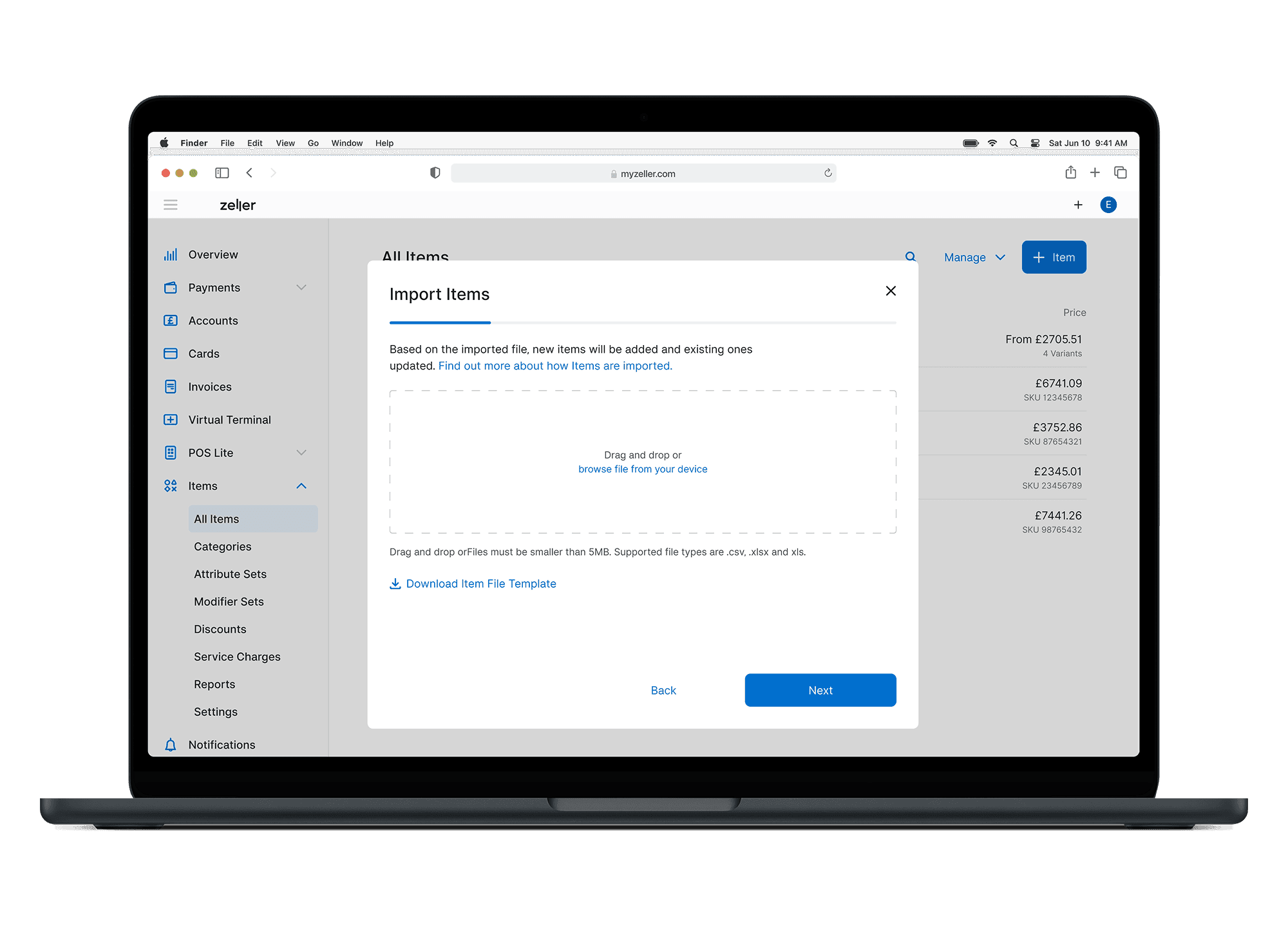 Zeller - Dashboard, Import Items