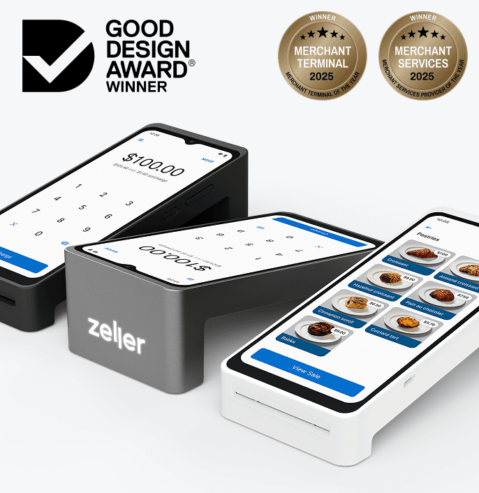 Three Zeller payment terminals displaying transaction screens, with award badges for Good Design and Merchant Services 2025 in the background.