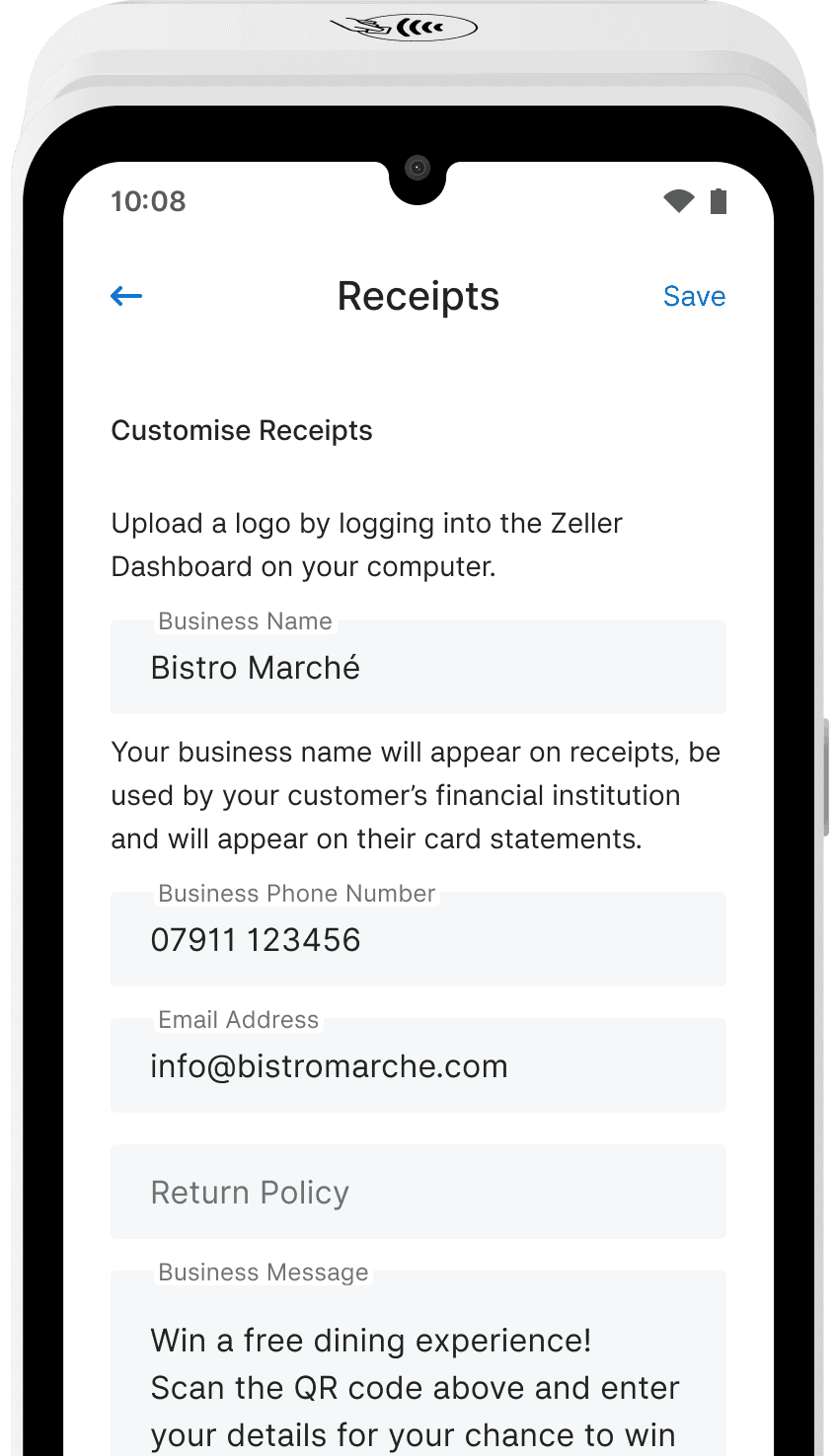 Zeller - Terminal 1x receipt settings